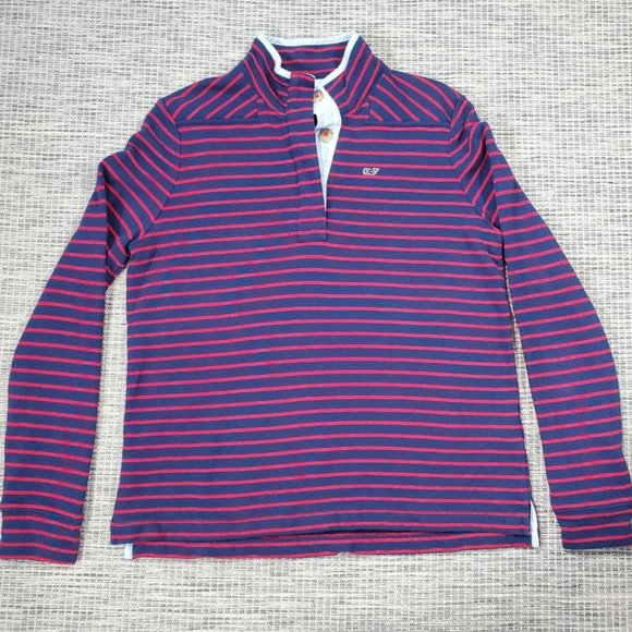 Vineyard Vines Sweater Womens Medium Long Sleeve  1/4 Button Striped Red Blue - Picture 1 of 9